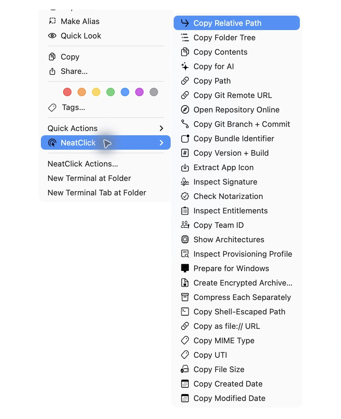 NeatClick 1.2 menu in Finder for mac apps