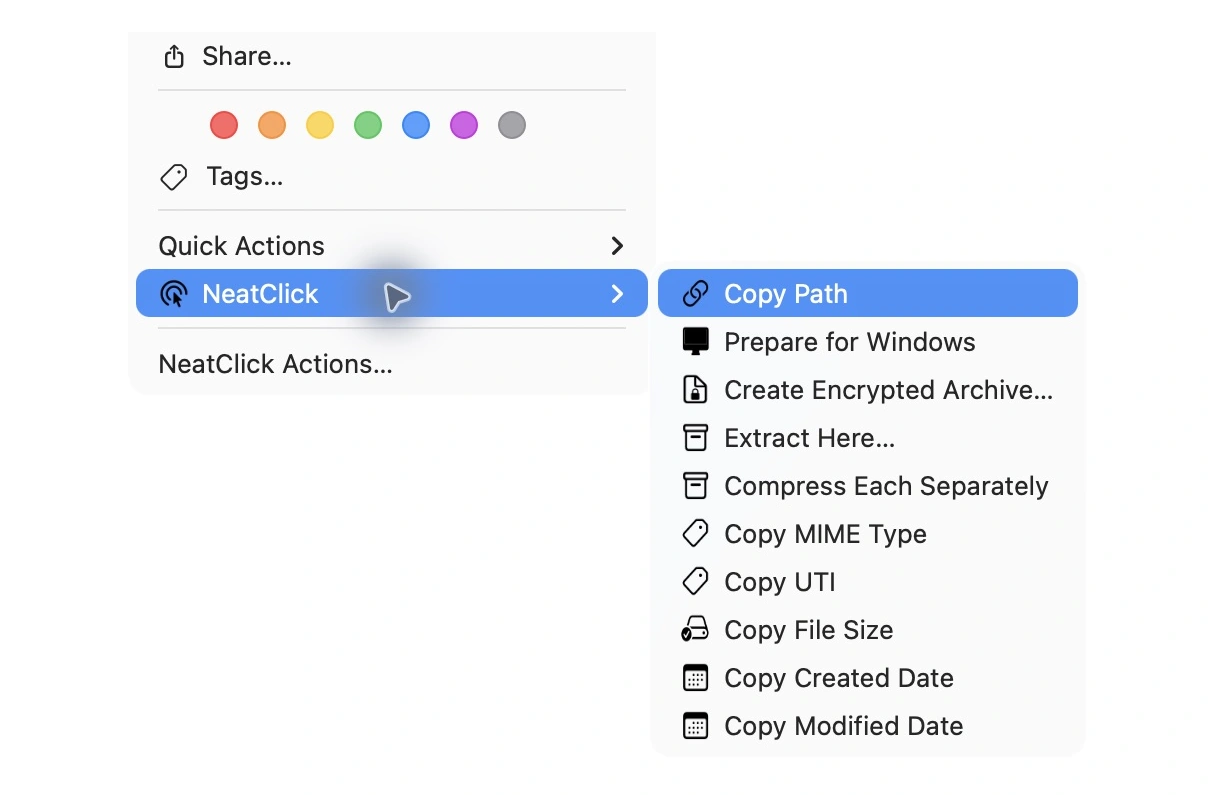 NeatClick 1.2 menu in Finder for archives