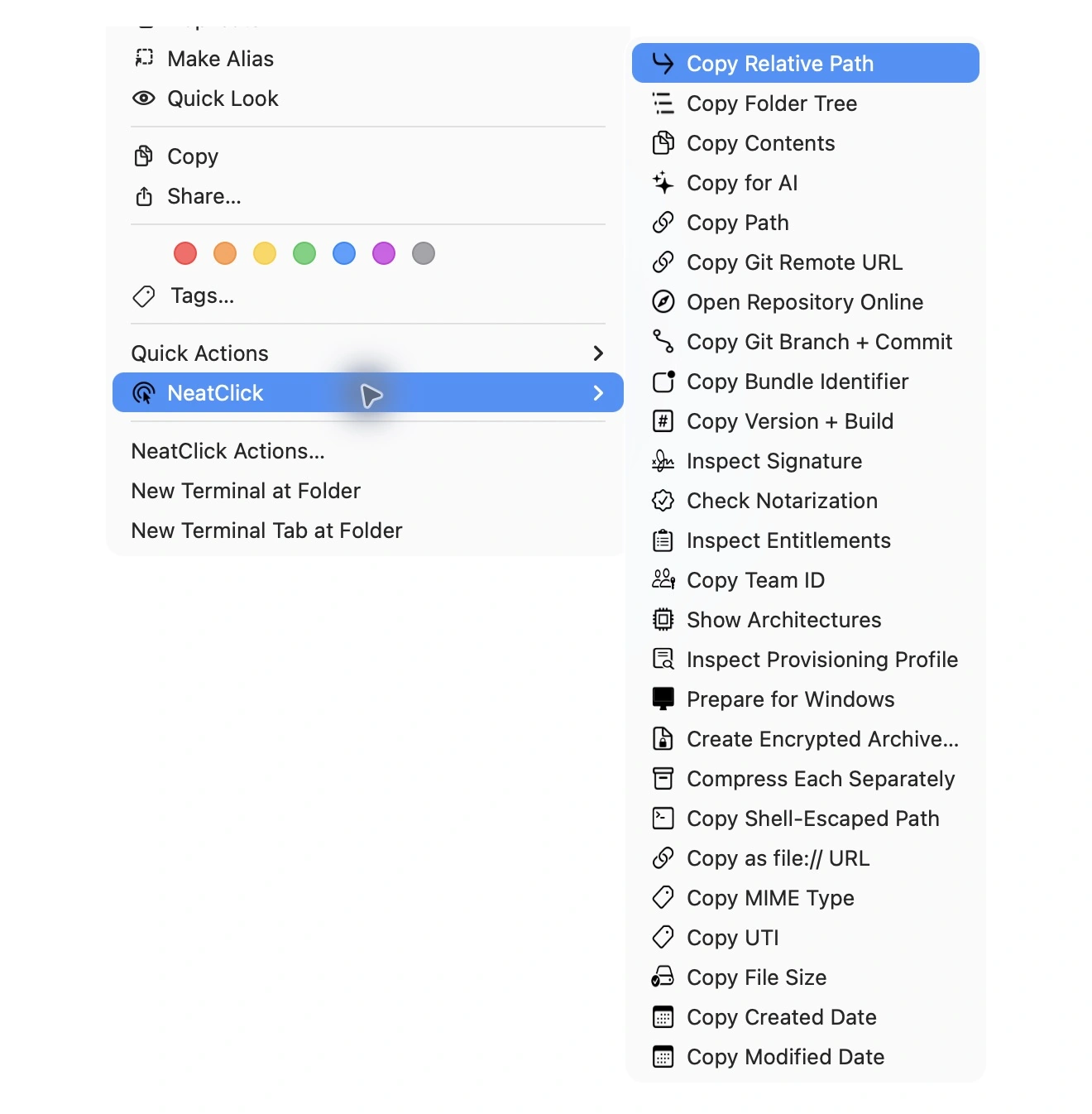 NeatClick 1.2 menu in Finder for bundles