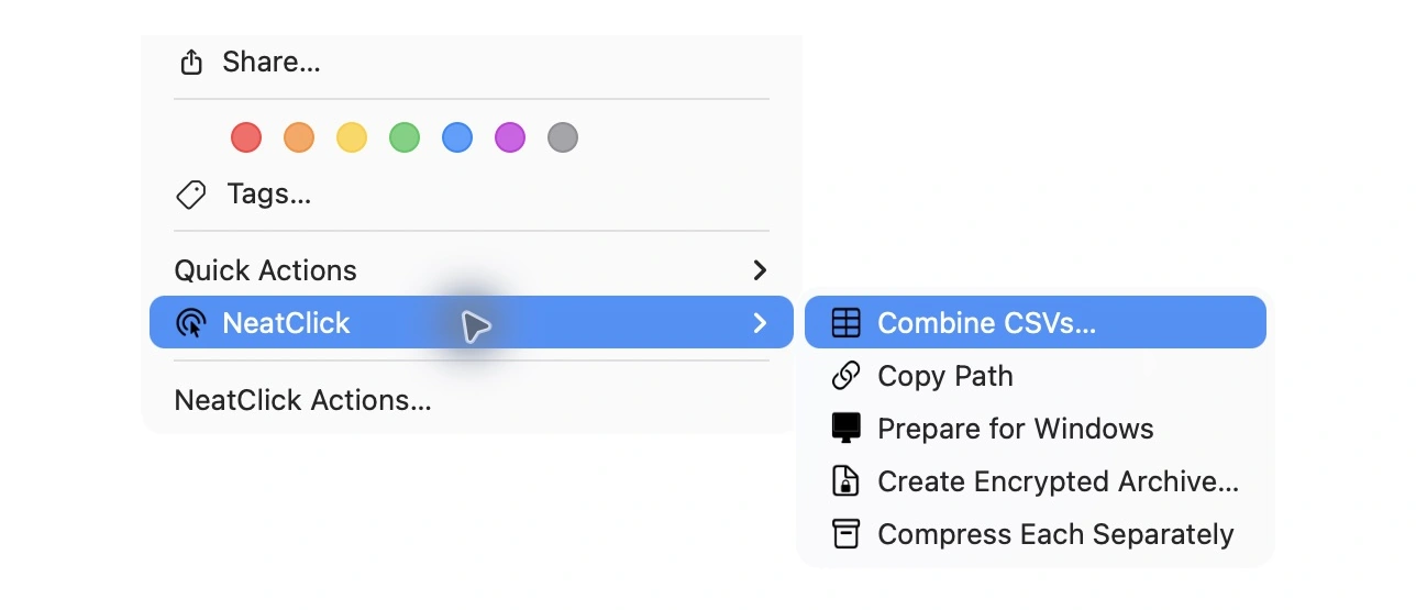 NeatClick 1.2 menu in Finder for multiple csv files