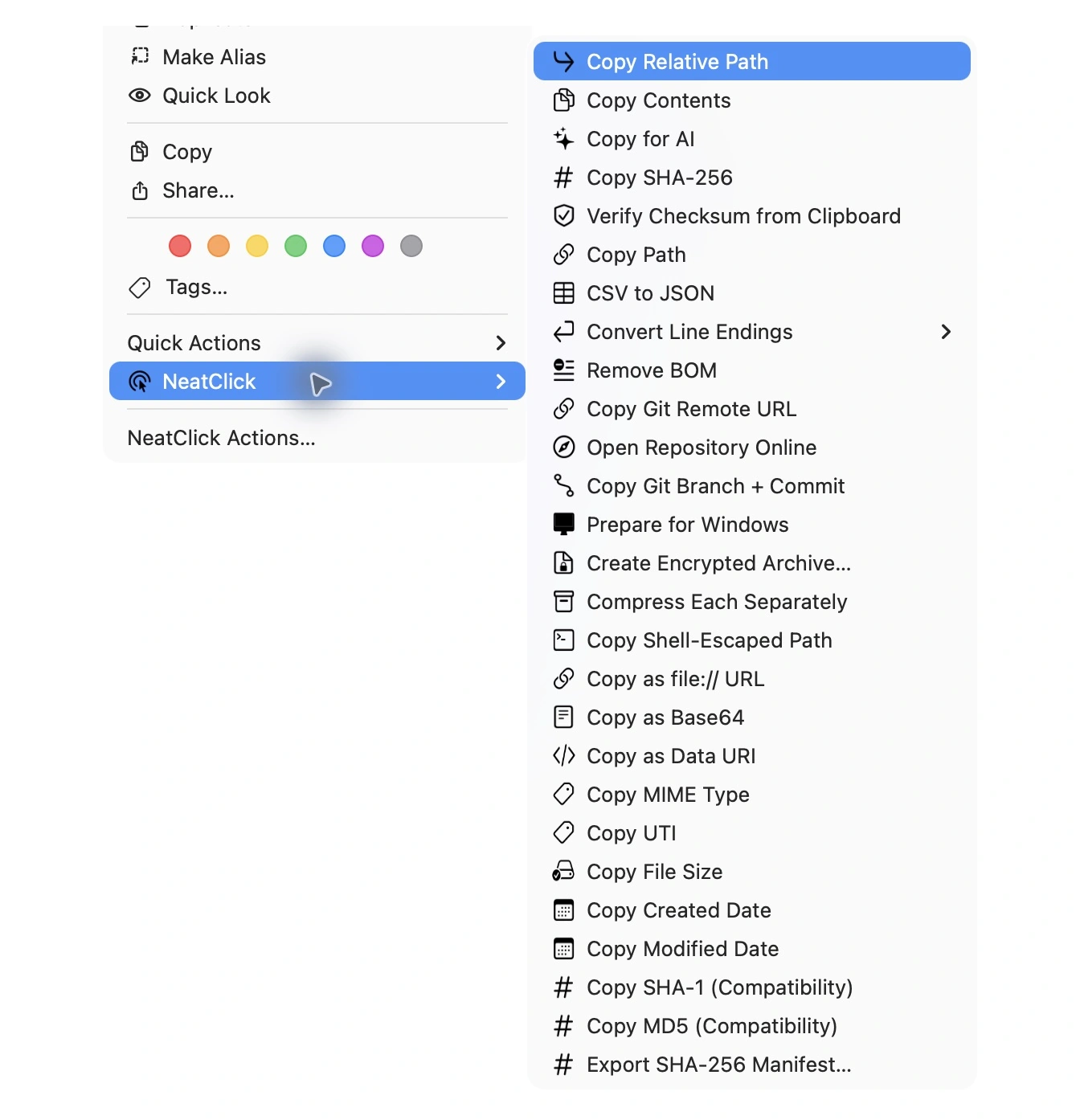 NeatClick 1.2 menu in Finder for csv