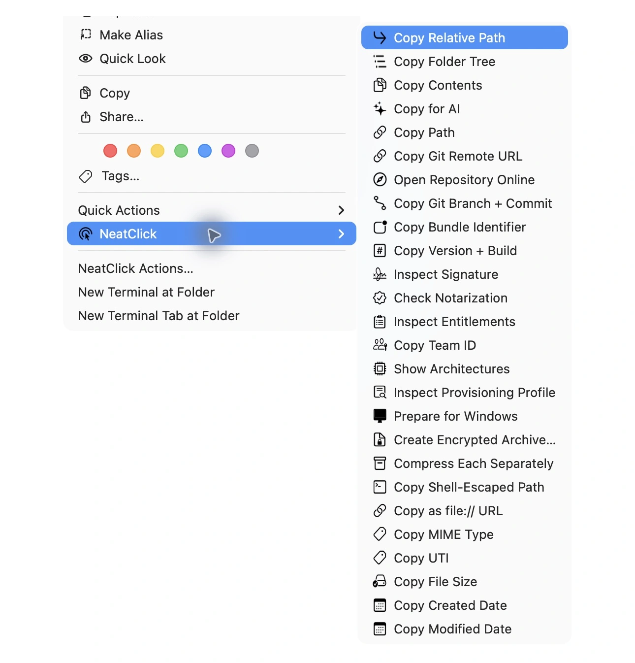 NeatClick 1.2 menu in Finder for app extensions