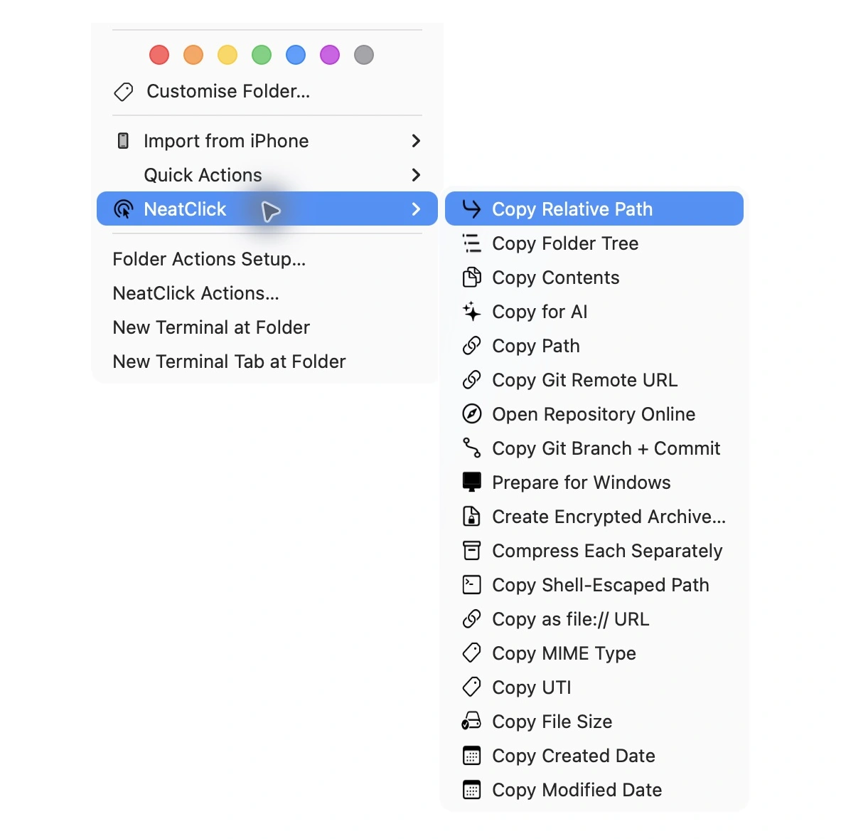 NeatClick 1.2 menu in Finder for folders with developer tools