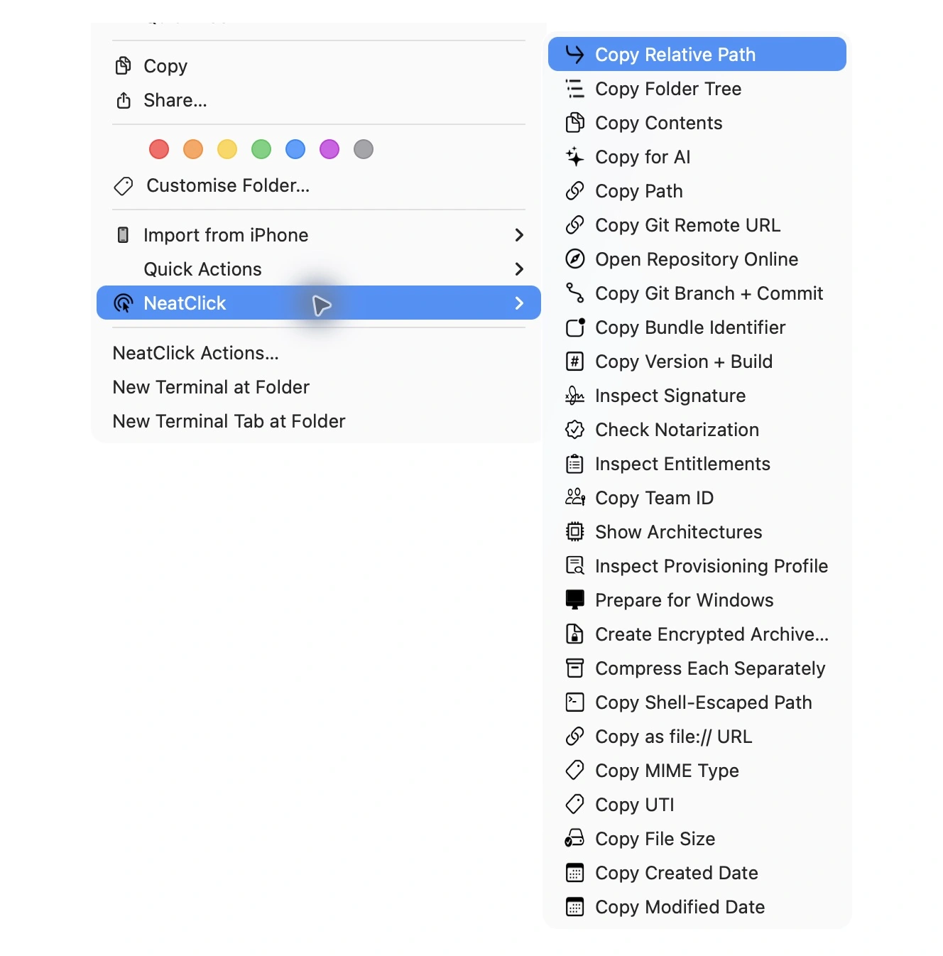 NeatClick 1.2 menu in Finder for frameworks