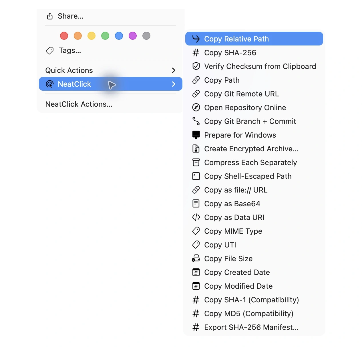 NeatClick 1.2 menu in Finder for files with developer tools