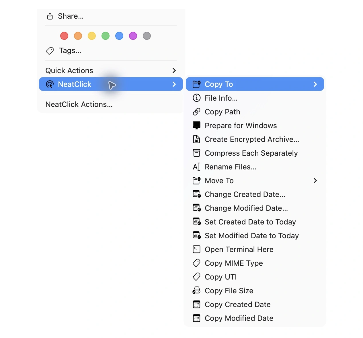 NeatClick 1.2 menu in Finder for other files