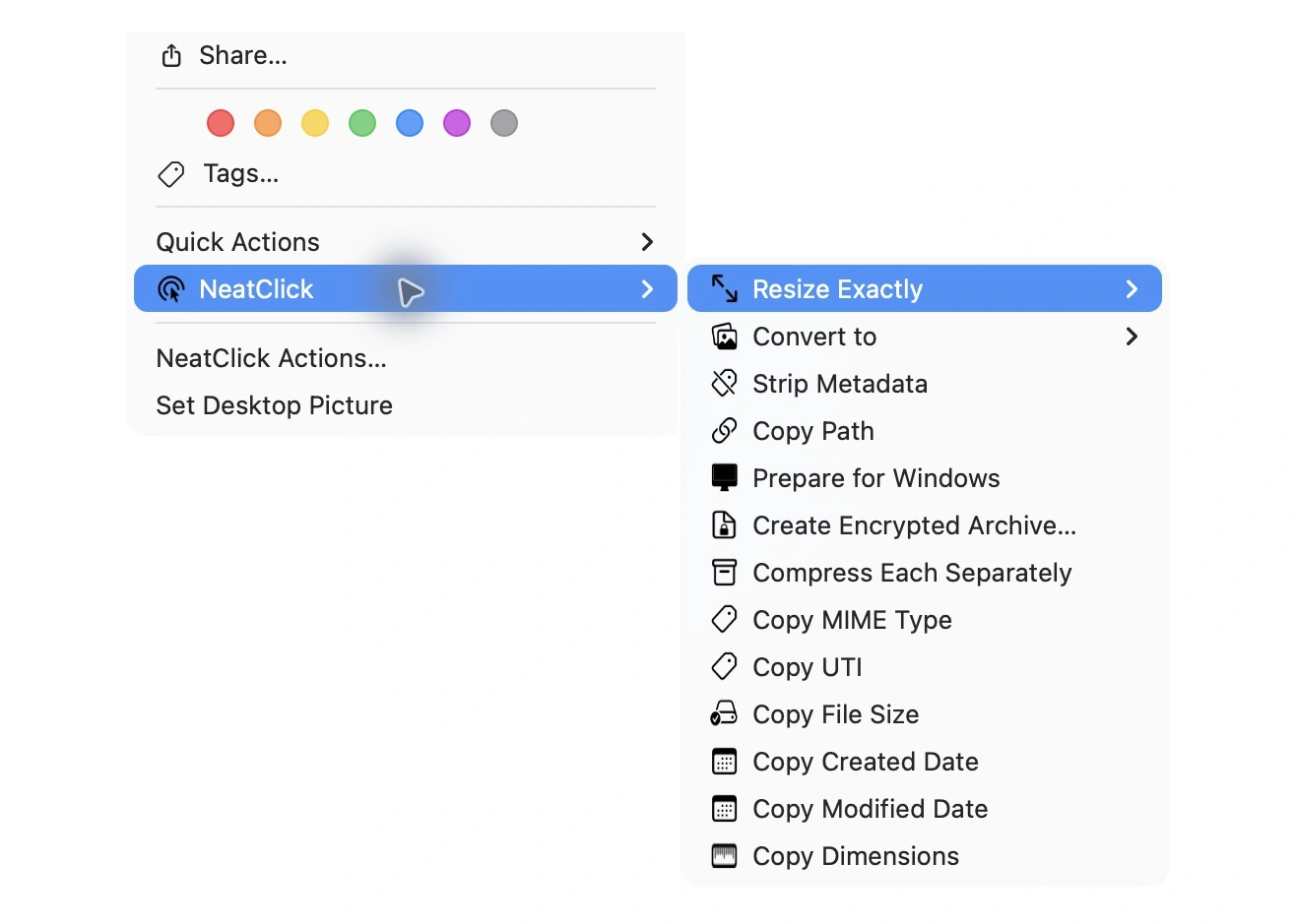 NeatClick 1.2 menu in Finder for gif images
