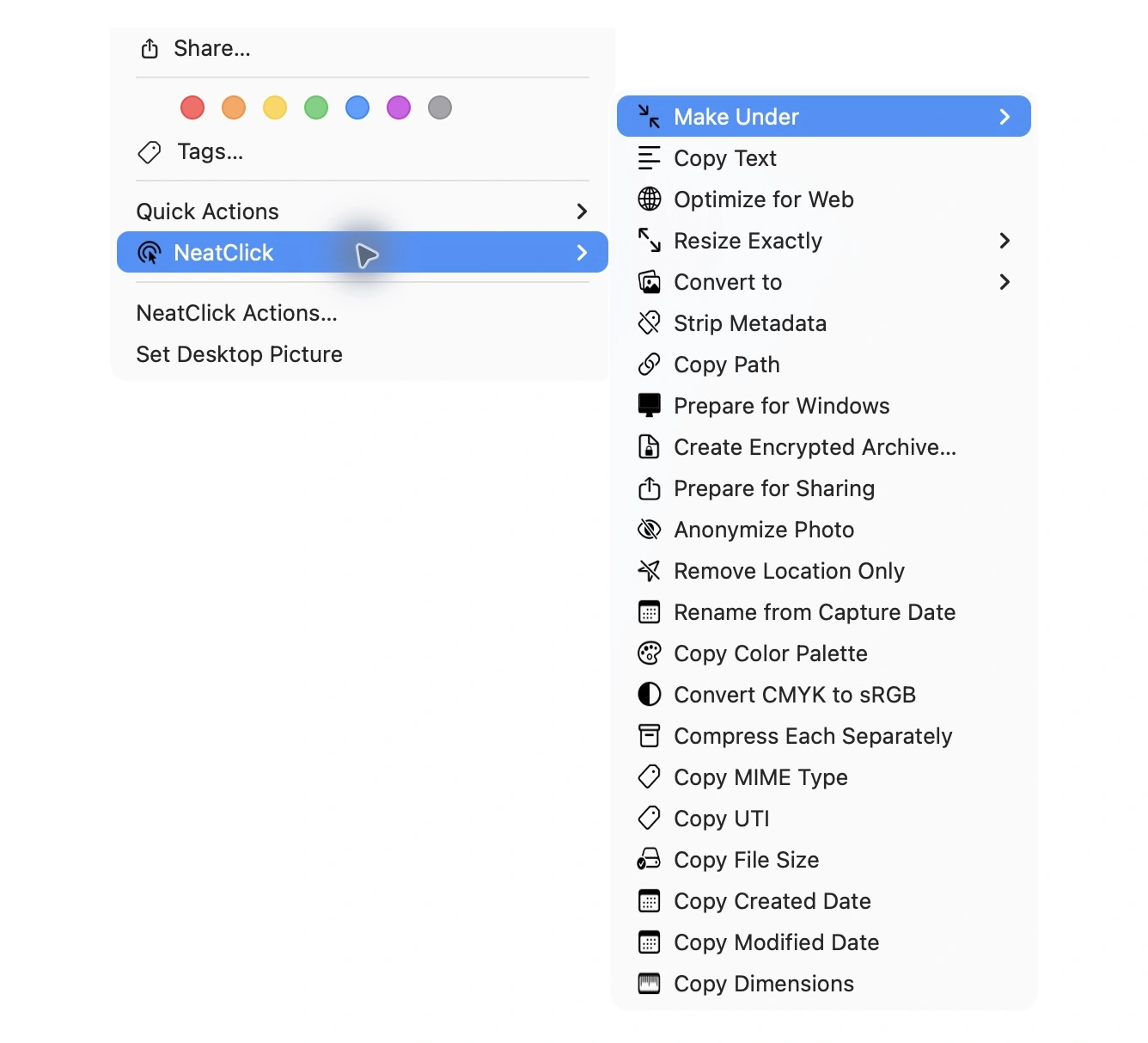 NeatClick 1.2 menu in Finder for heic photos