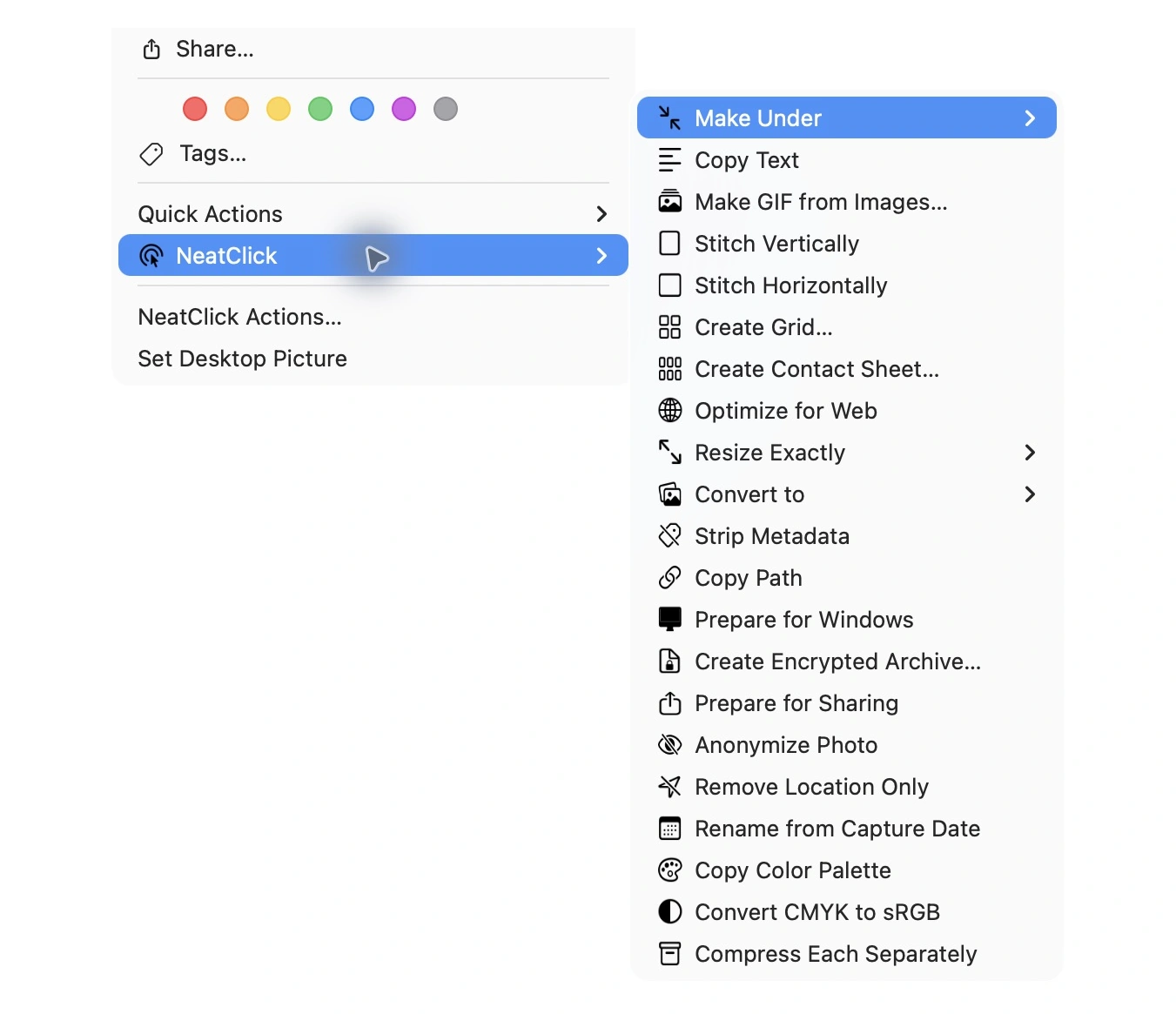 NeatClick 1.2 menu in Finder for multiple images