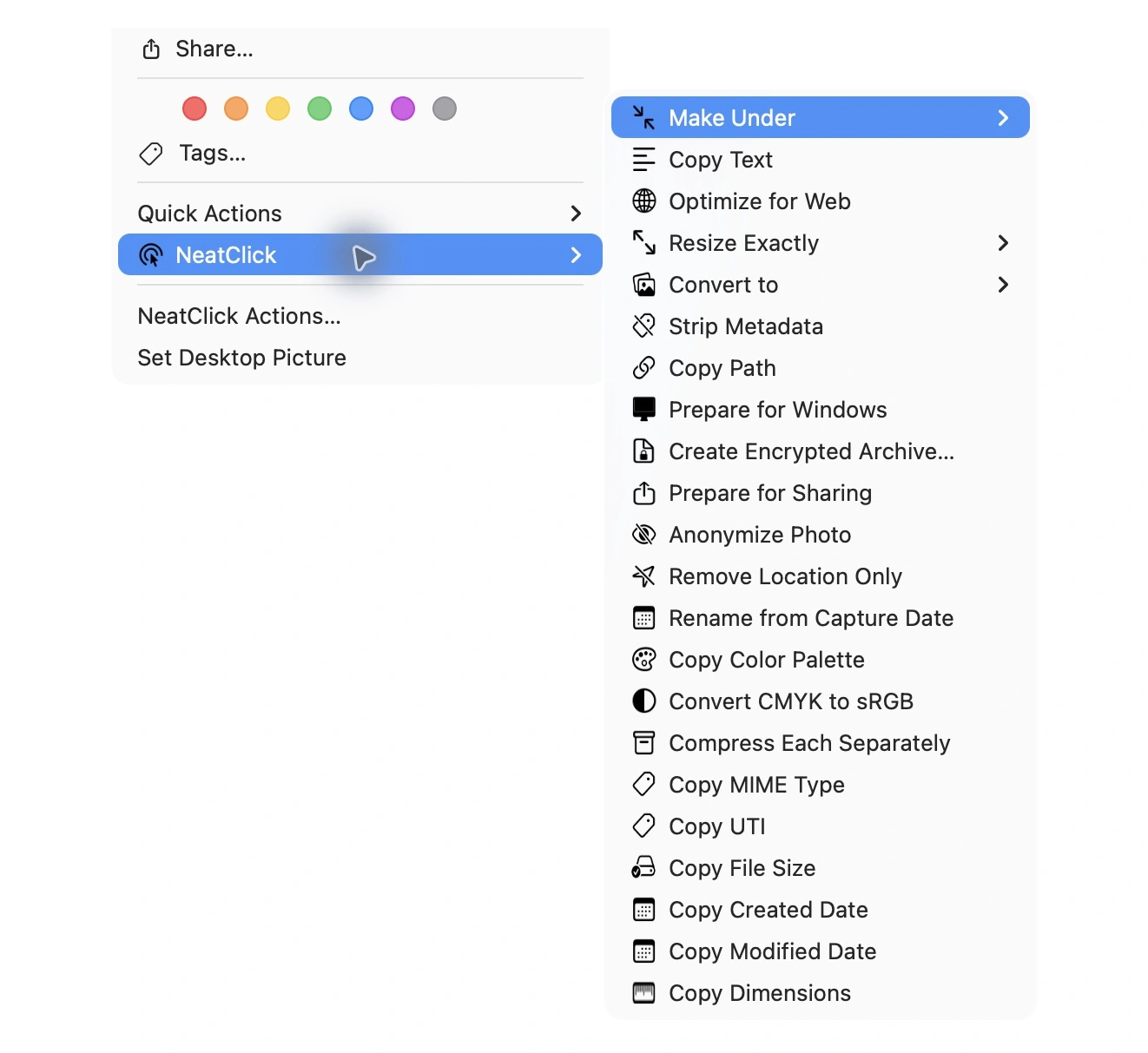 NeatClick 1.2 menu in Finder for jpeg photos