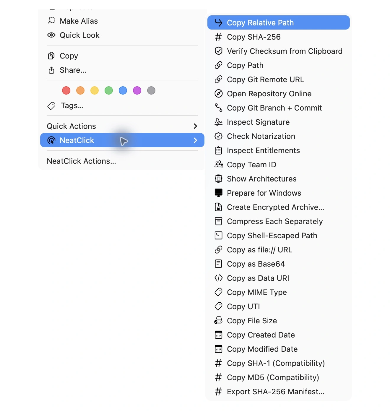 NeatClick 1.2 menu in Finder for dynamic libraries