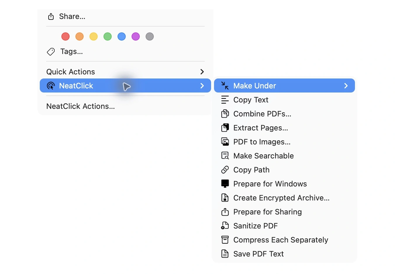 NeatClick 1.2 menu in Finder for multiple pdfs