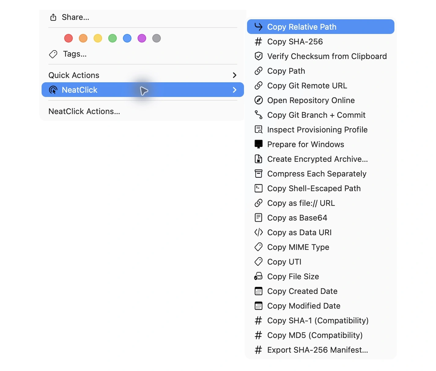 NeatClick 1.2 menu in Finder for provisioning profiles
