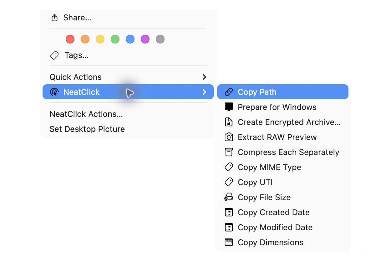 NeatClick 1.2 menu in Finder for raw photos