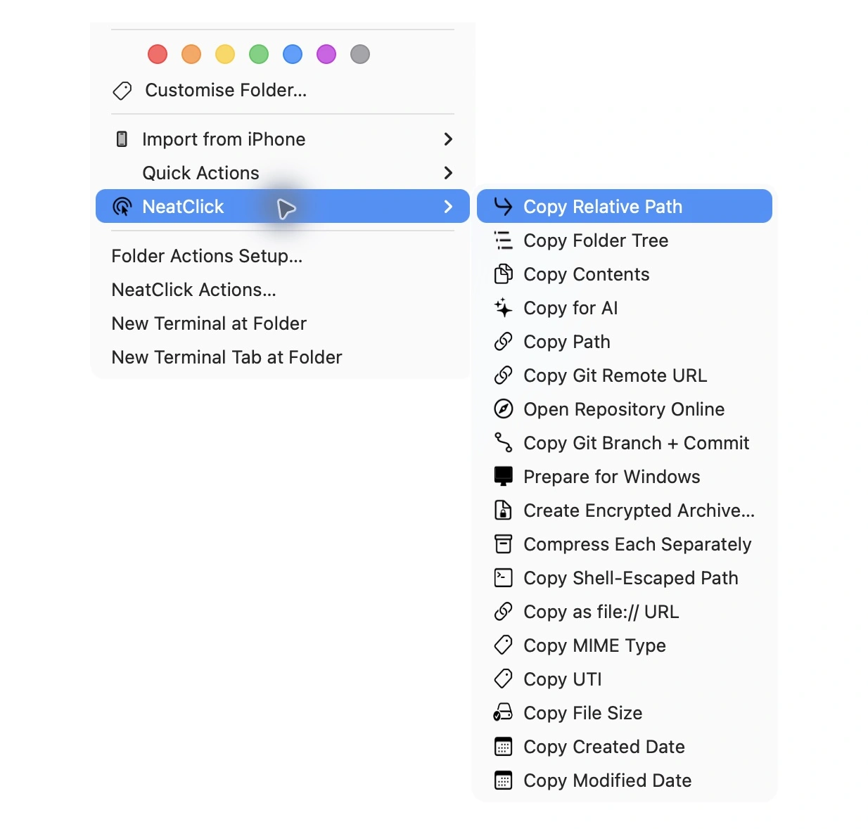 NeatClick 1.2 menu in Finder for git repositories