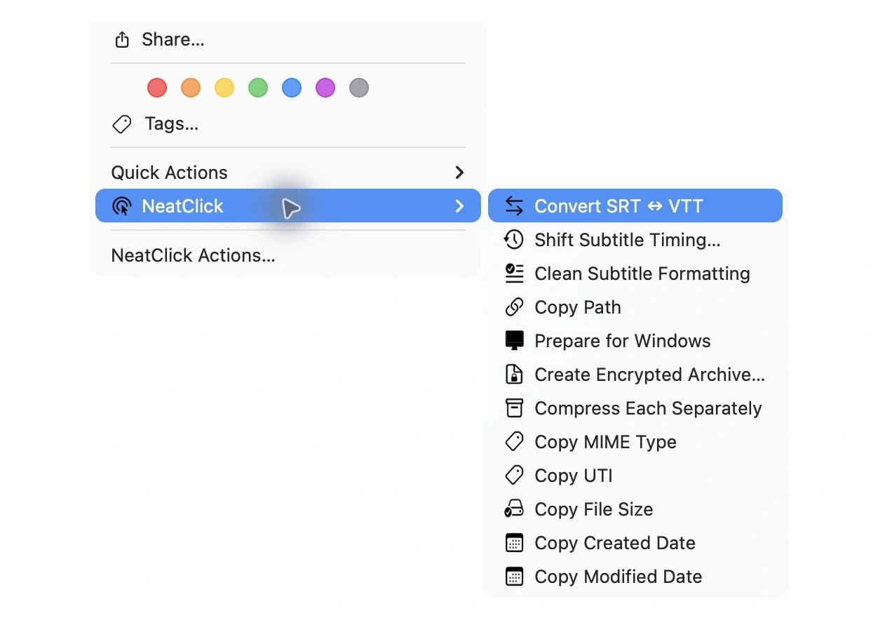 NeatClick 1.2 menu in Finder for subtitles