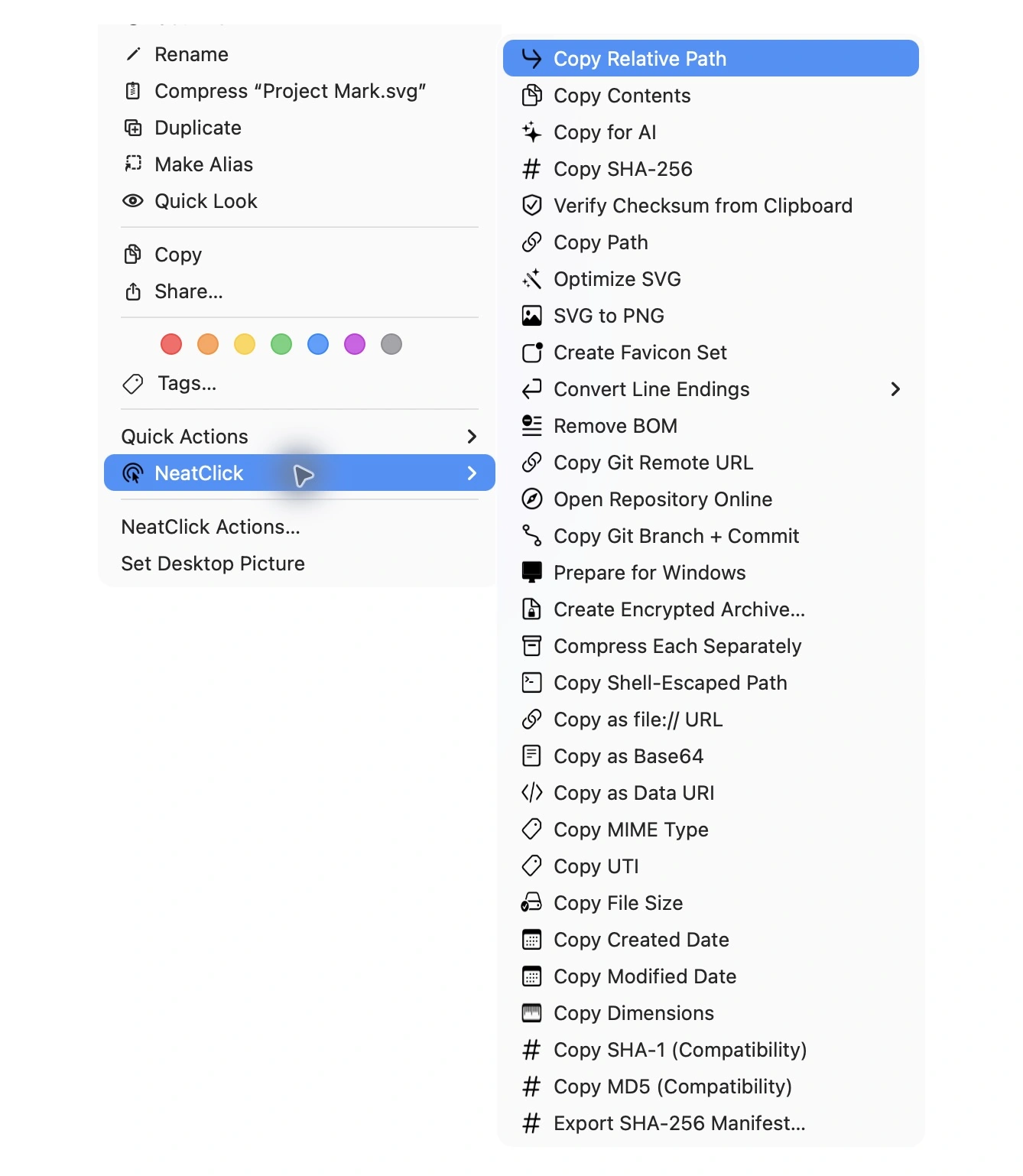 NeatClick 1.2 menu in Finder for svg