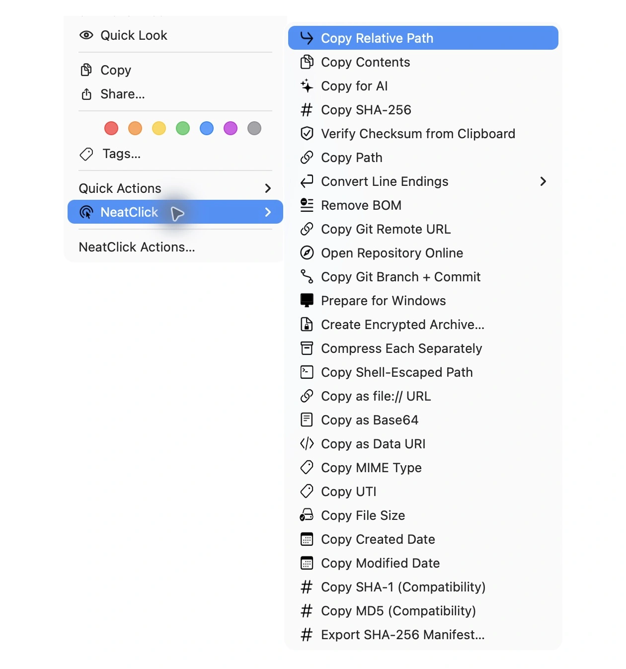 NeatClick 1.2 menu in Finder for text and code