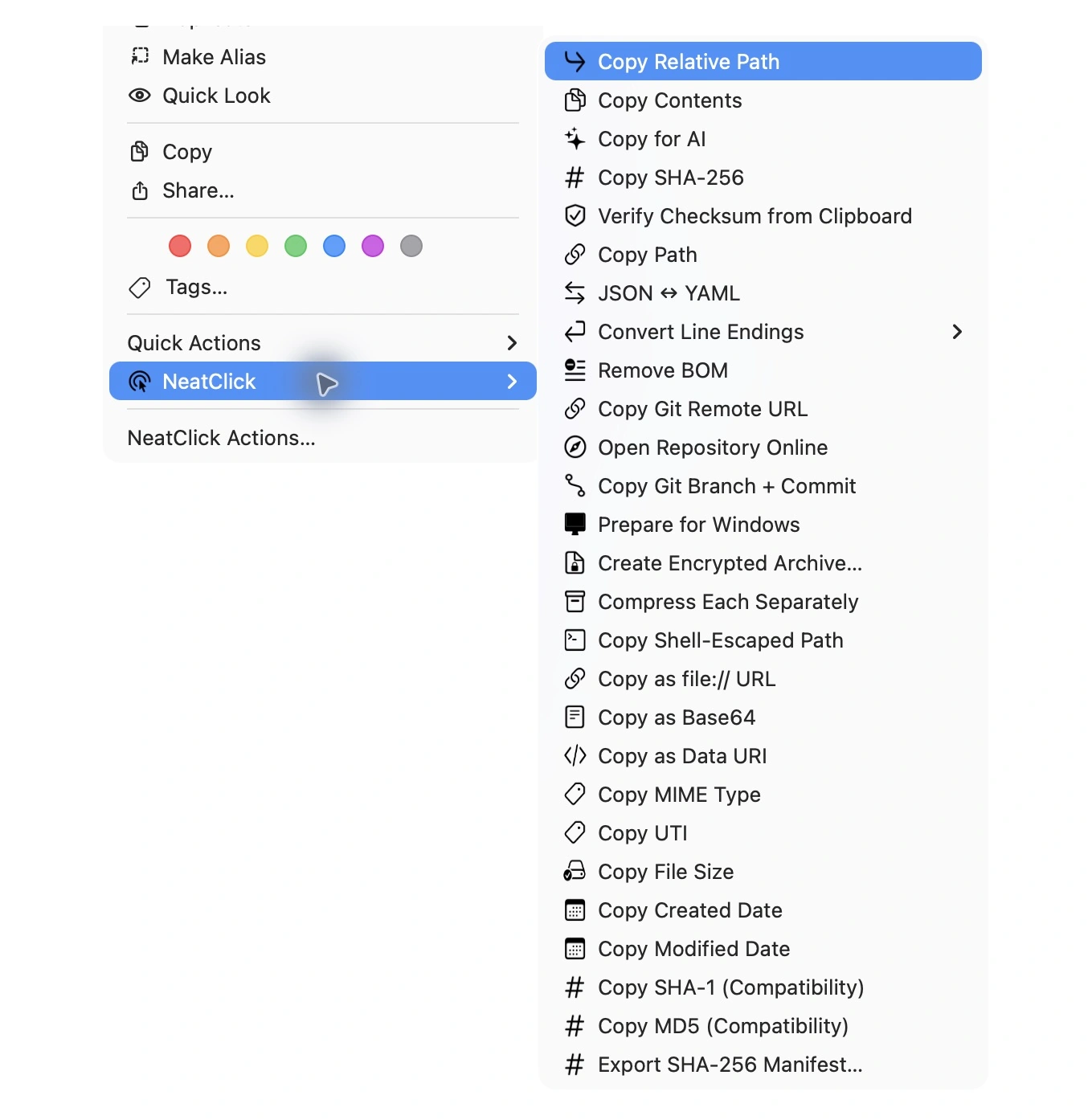 NeatClick 1.2 menu in Finder for yaml
